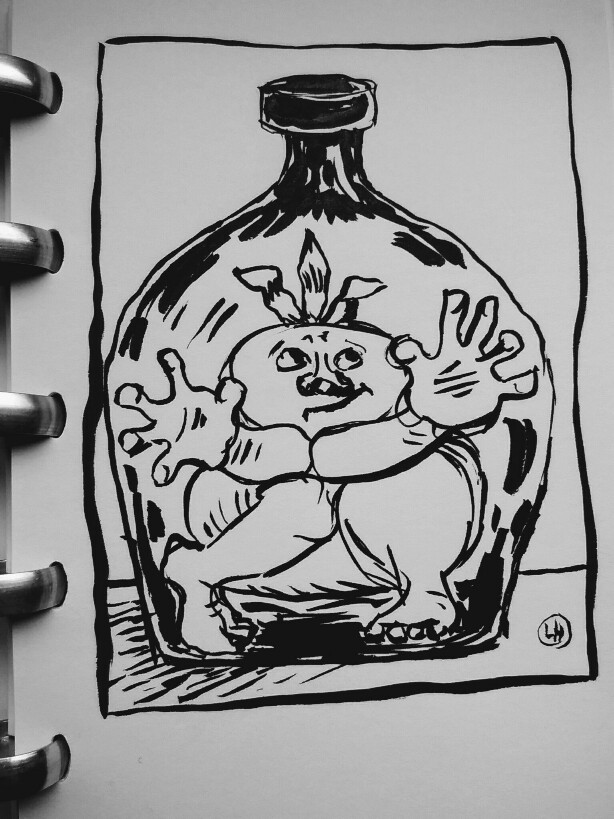 cartoon of figure trapped in bottle