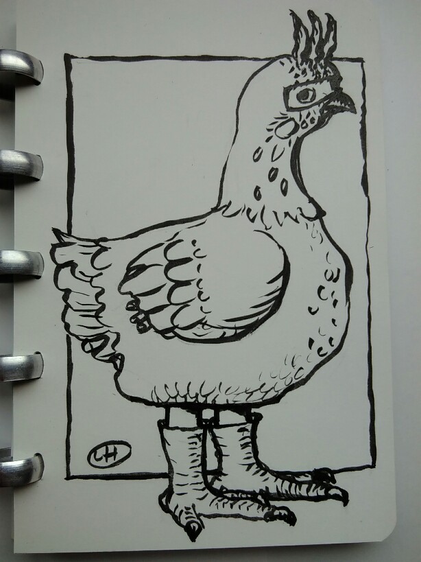 pen & ink drawing of child in chicken costume