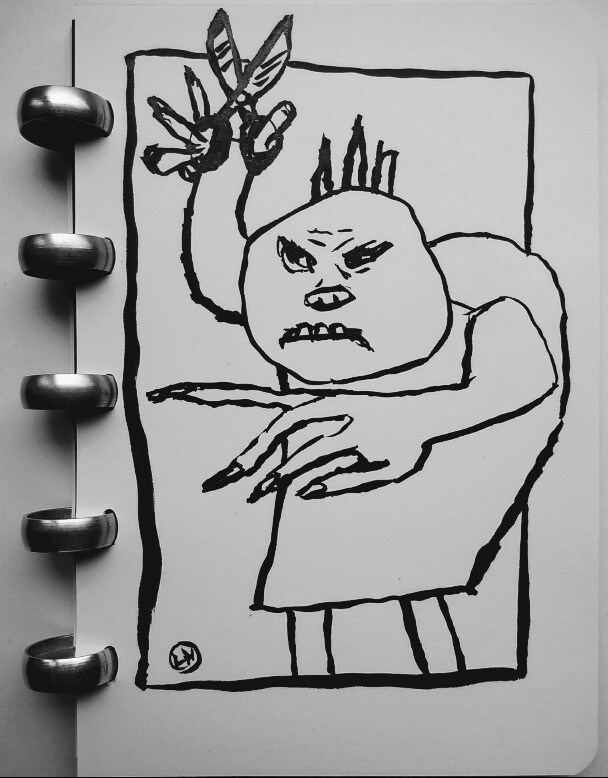 ink drawing of figure with scissors
