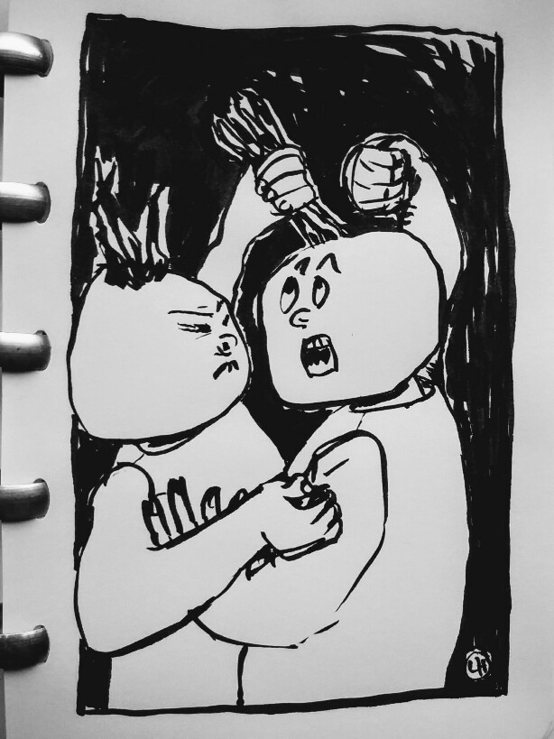 cartoon of twin figures fighting