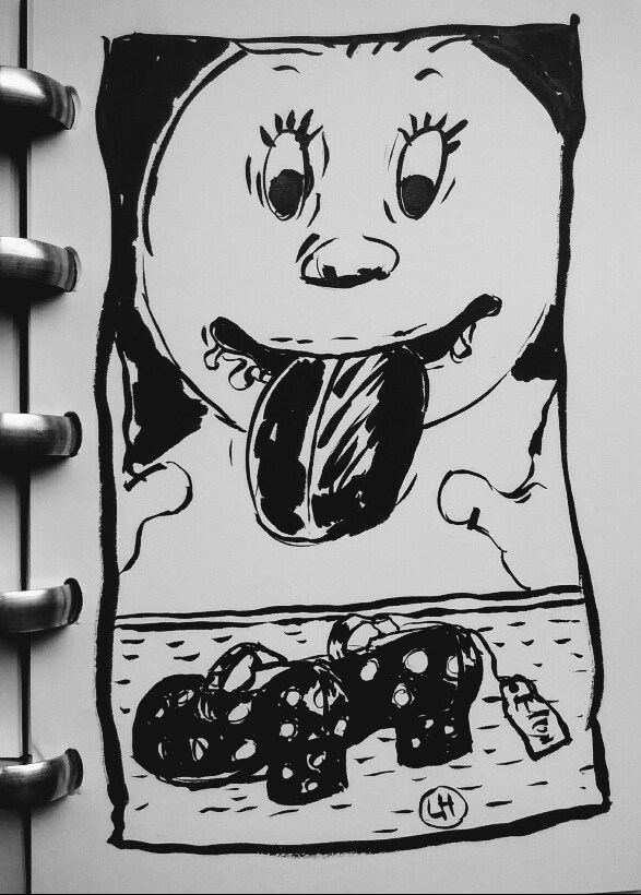 pen and ink drawing of drooling face and pair of shoes