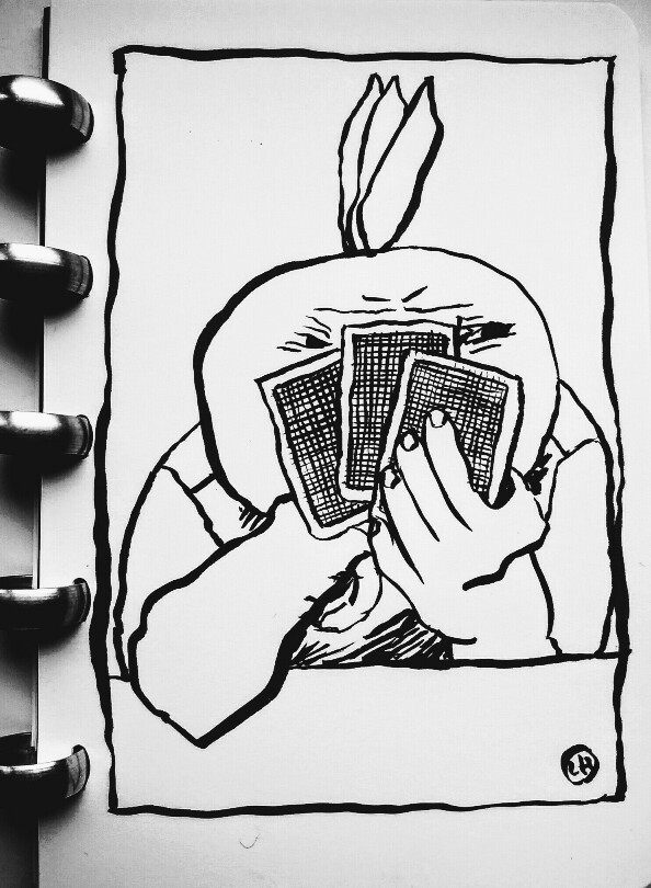 drawing of figure holding playing cards