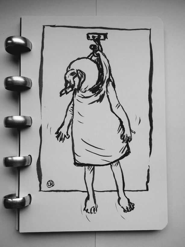 drawing of figure hanging from peg