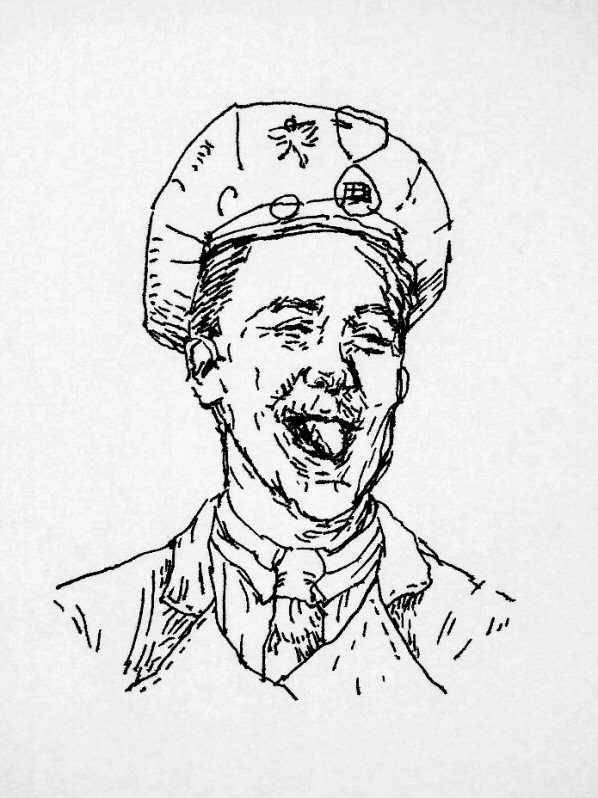 ink drawing of American airman with his tongue out