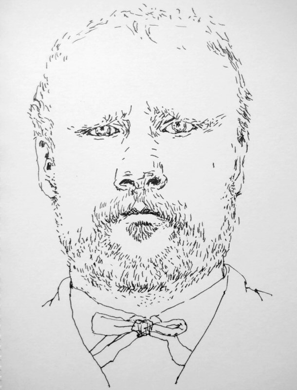 ink drawing of bearded man frowning