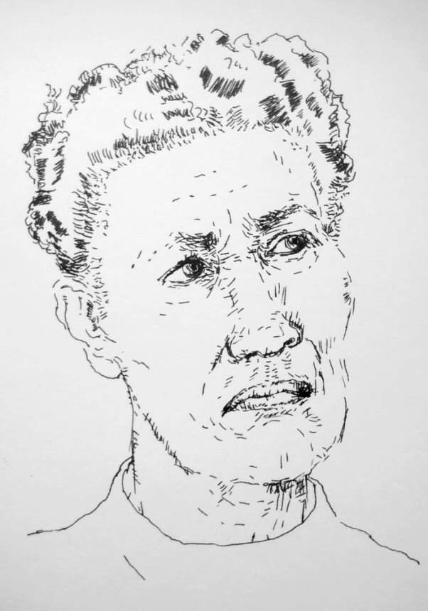 ink drawing of woman frowning