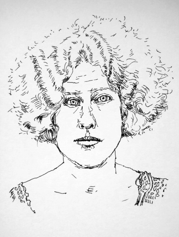 ink drawing of woman with curly hair