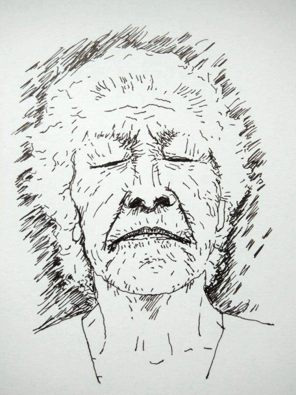 ink drawing of elderly woman with eyes closed