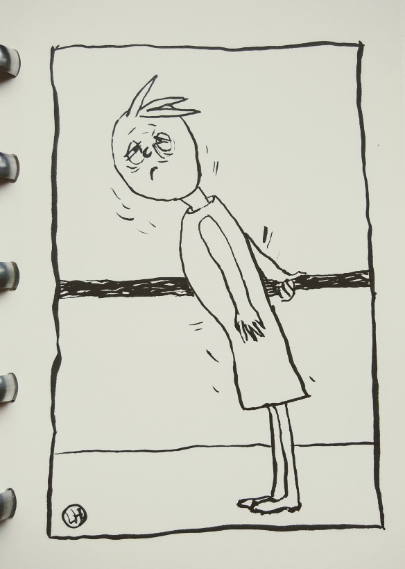 figure hanging on to rail looking shaky