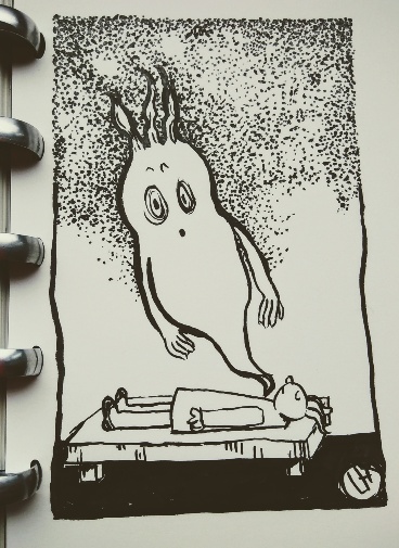 ink drawing of ghost rising from body