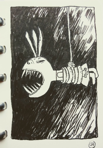 sharp-toothed figure tied up and dangling