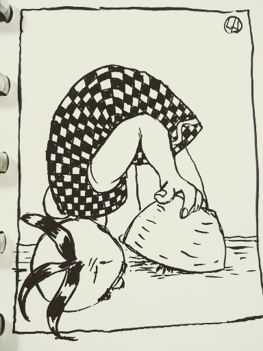 drawing of figure bending down to look under bowl