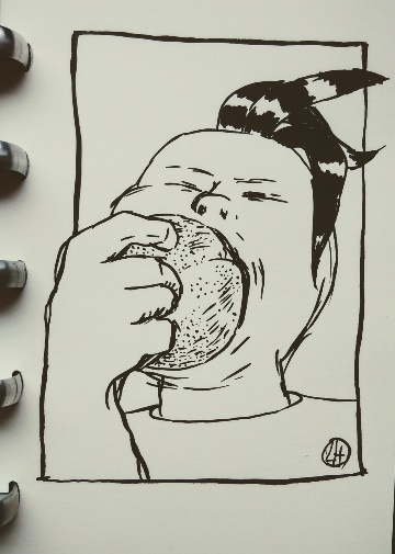 ink portrait of Queenie biting into fruit