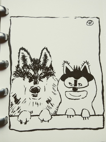 husky dog and child in costume