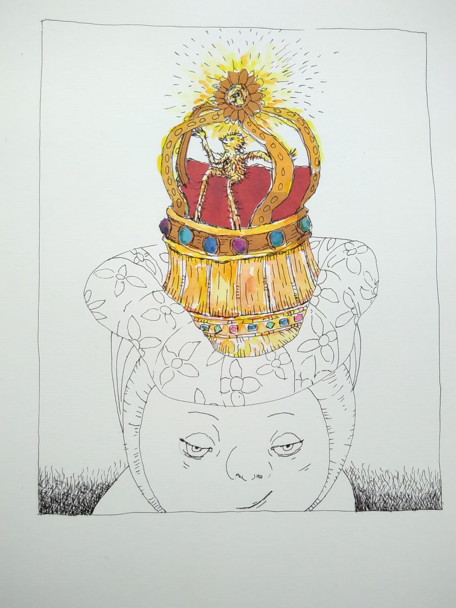 technical pen and colour drawing of head wearing crown