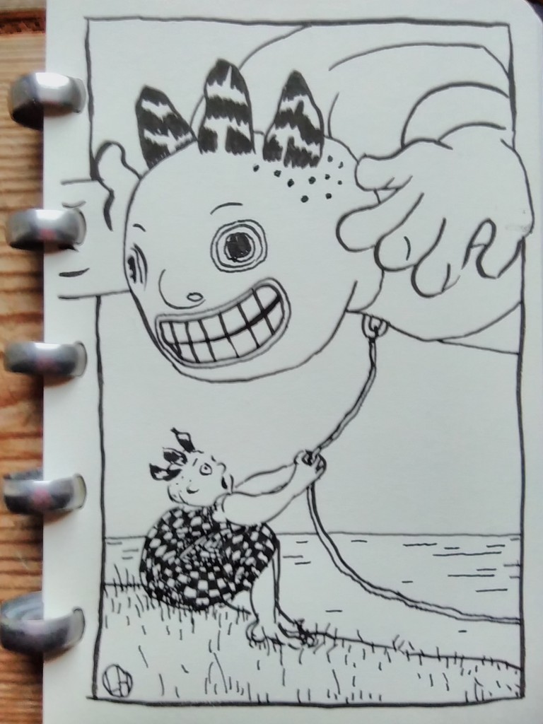 ink drawing of child and giant, human-shaped balloon