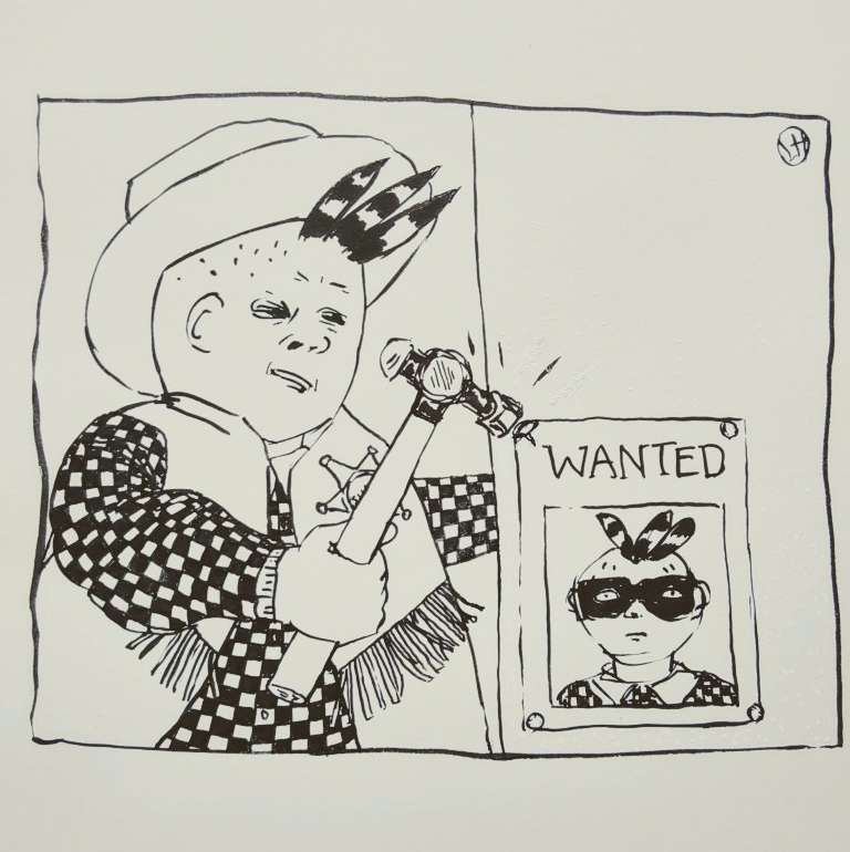 ink drawing of wild west sherriff fixing a wanted poster