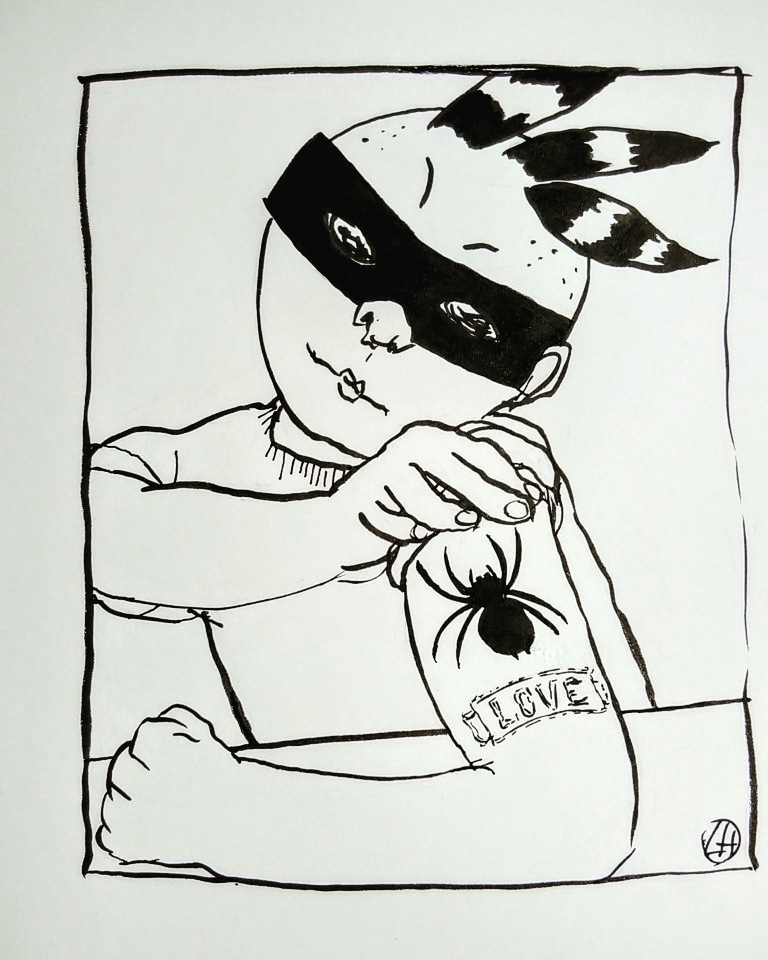 ink drawing of figure looking at spider tattoo on their arm